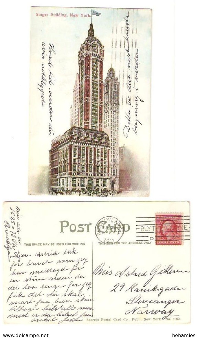 NEW YORK - Skyscraper SINGER BUILDING - From United States To Norway 1911 - USA - - Manhattan