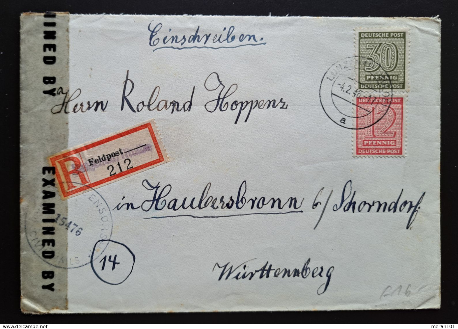 West-Sachsen 1946, Reko-Zensurbrief Lunzenau Nach Haubersbronn, Hilfsrekozettel - Lettres & Documents