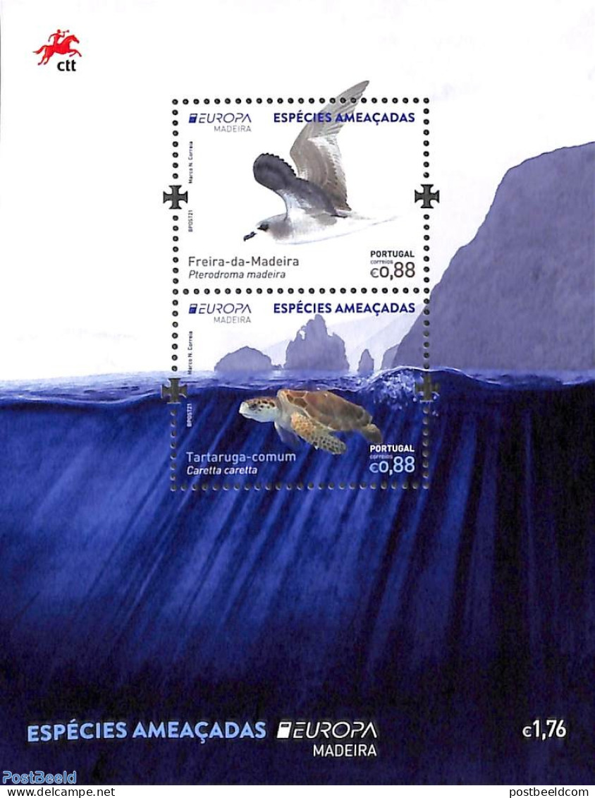 Madeira 2021 Europa, Endangered Animals S/s, Mint NH, History - Nature - Europa (cept) - Birds - Turtles - Madeira