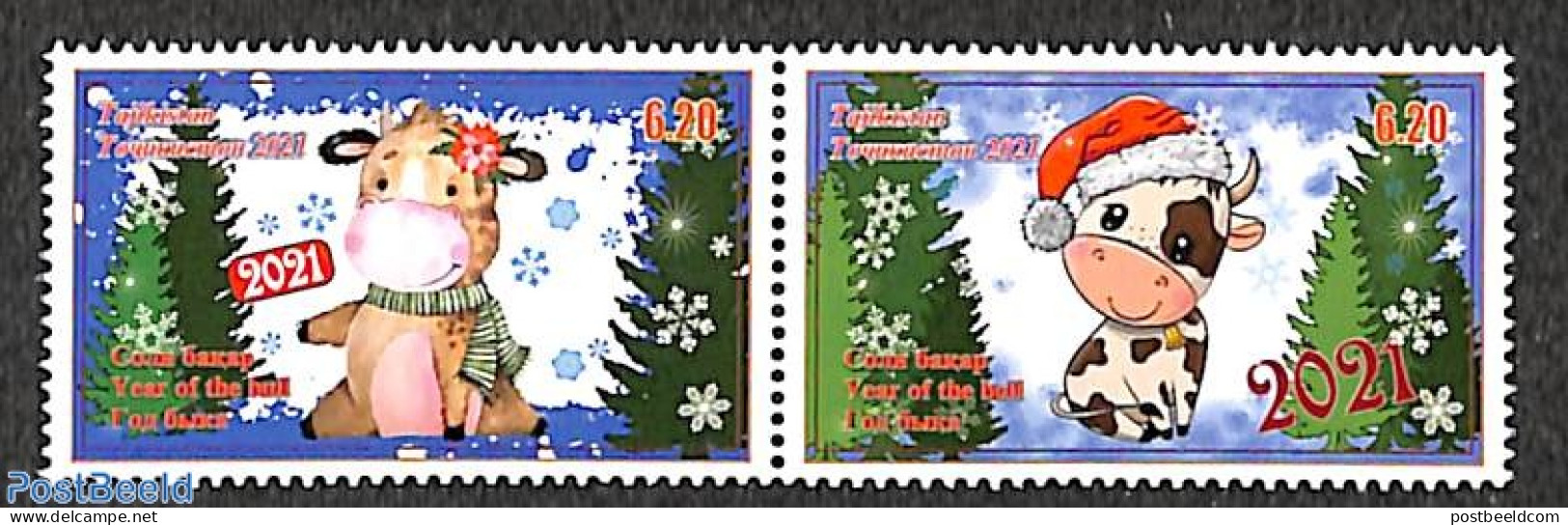 Tajikistan 2021 Year Of The Ox 2v [:], Mint NH, Various - New Year - Art - Comics (except Disney) - Nouvel An