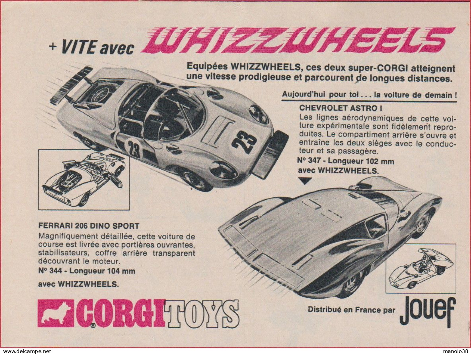 Ferrari 206 Dino Sport & Chevrelet Astro. Corgi Toys. Jouef. Voitures Whizzweels. Jouet. 1969. - Advertising