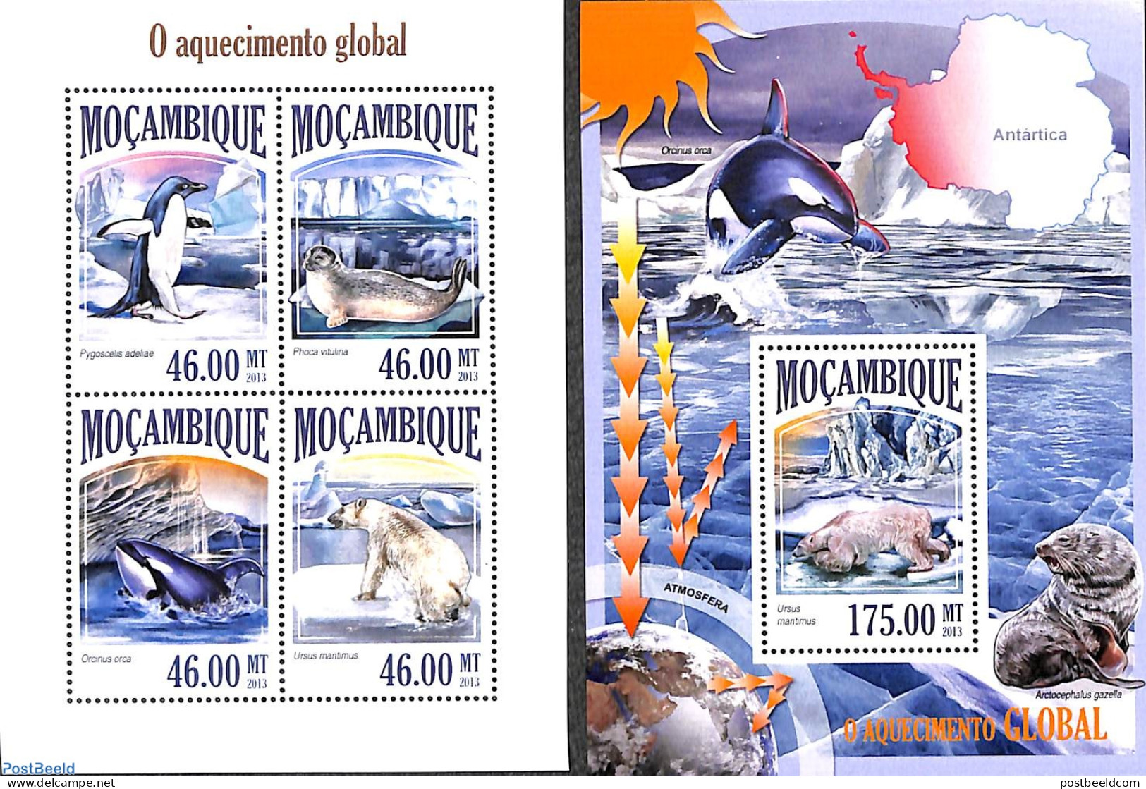 Mozambique 2013 Global Warming 2 S/s, Mint NH, Nature - Bears - Environment - Penguins - Sea Mammals - Umweltschutz Und Klima