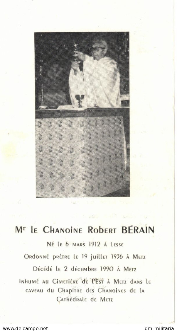 57 - METZ - GÉNÉALOGIE - FAIRE-PART DE DÉCÈS - CHANOINE ROBERT BÉRAIN - NÉ EN 1912 À LESSE -  MOSELLE - Obituary Notices