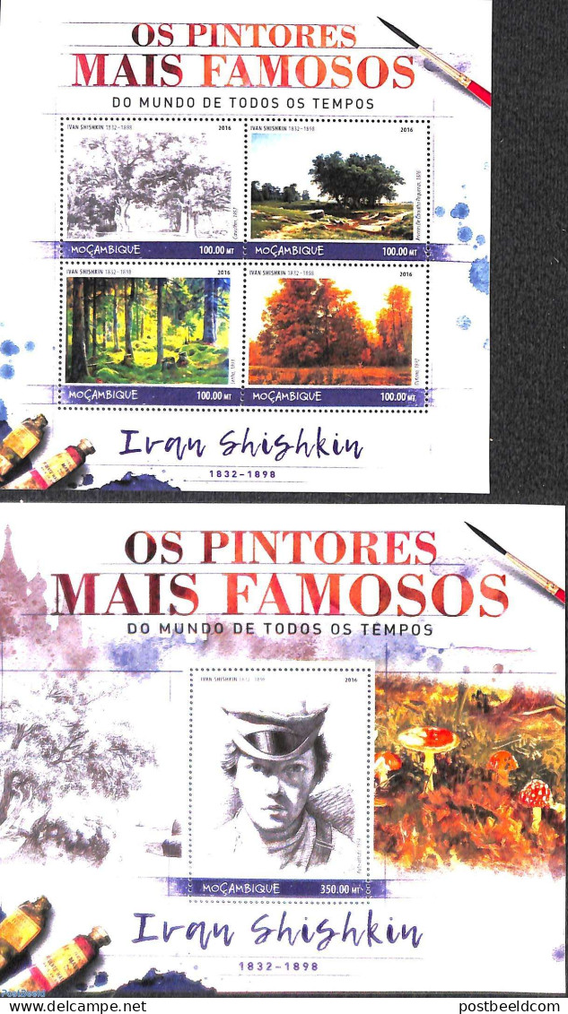 Mozambique 2016 Ivan Shishkin 2 S/s, Mint NH, Nature - Mushrooms - Trees & Forests - Art - Paintings - Funghi