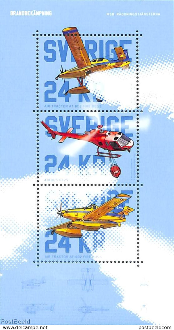 Sweden 2021 Aircraft Against Forest Fire S/s, Mint NH, Transport - Fire Fighters & Prevention - Helicopters - Aircraft.. - Unused Stamps