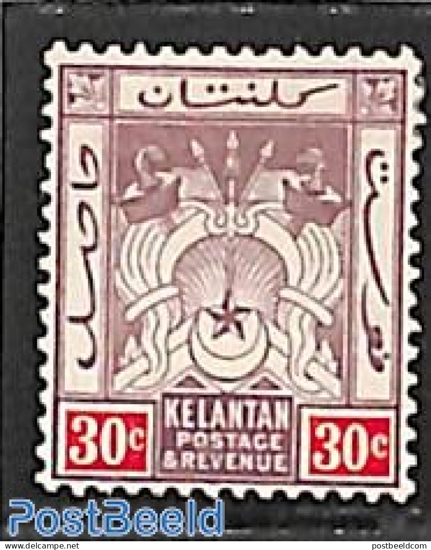 Malaysia 1921 Kelantan, 30c, WM Script-CA, Stamp Out Of Set, Unused (hinged) - Autres & Non Classés