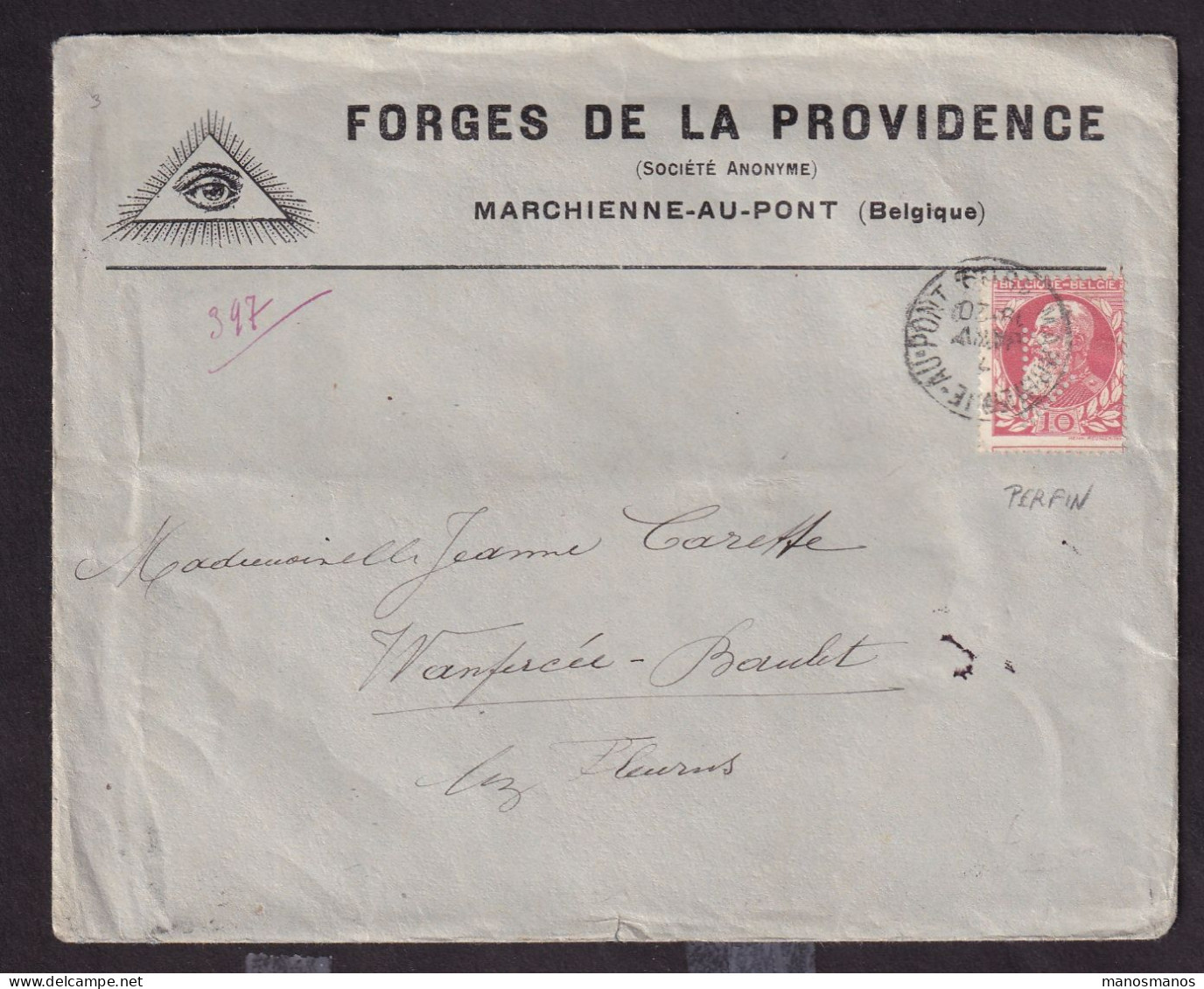 215/41 - Enveloppe TP 74 Grosse Barbe MARCHIENNE AU PONT 1909 - Perfin Symbole Maçonnique + Entete Idem - Franc-Maçonnerie