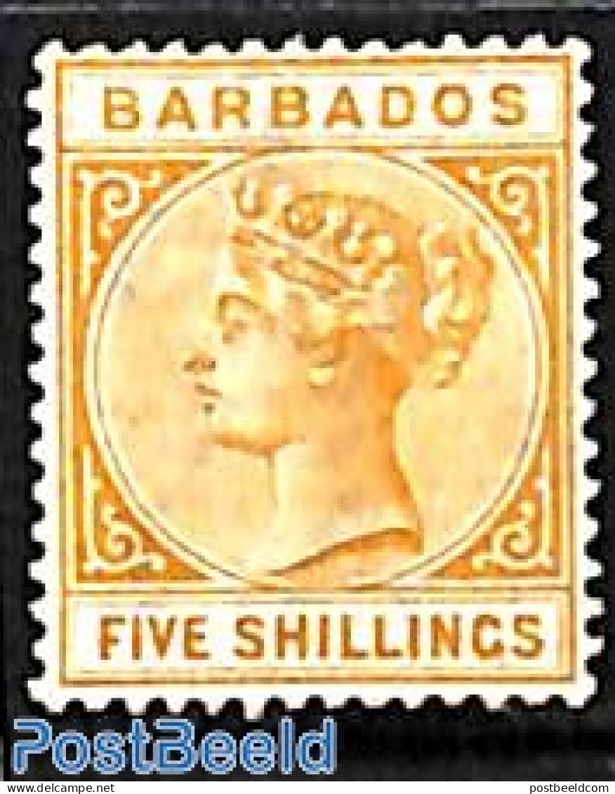 Barbados 1882 5sh, Stamp Out Of Set, Without Gum, Unused (hinged) - Barbades (1966-...)