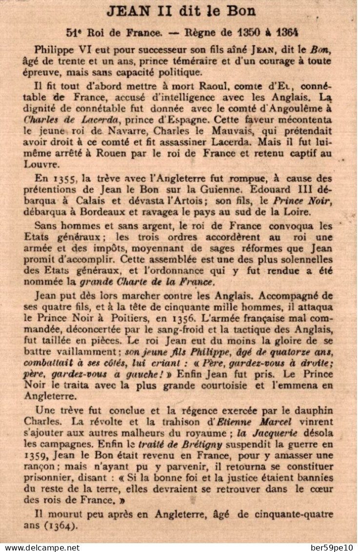 CHROMO LES ROIS DE FRANCE 54è ROI DE FRANCE JEAN II DIT LE BON REGNE DE 1350 A 1364 - Otros & Sin Clasificación