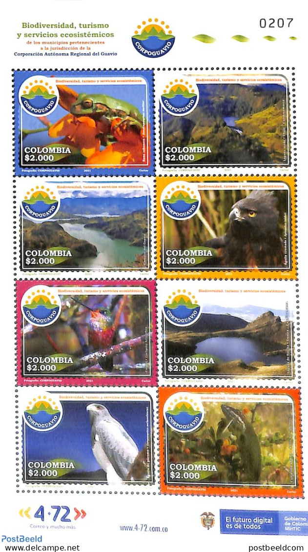 Colombia 2021 Bio Diversity 8v M/s, Mint NH, Nature - Birds - Birds Of Prey - Frogs & Toads - Kolumbien