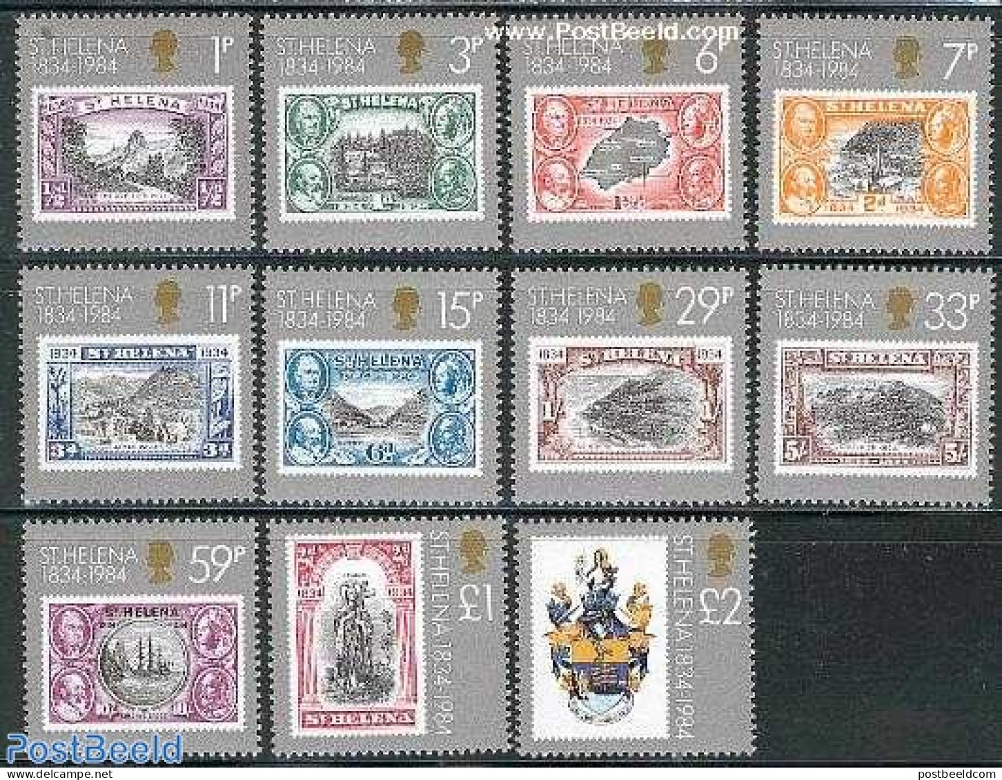 Saint Helena 1984 Colony 150th Anniversary 11v, Unused (hinged), Stamps On Stamps - Timbres Sur Timbres