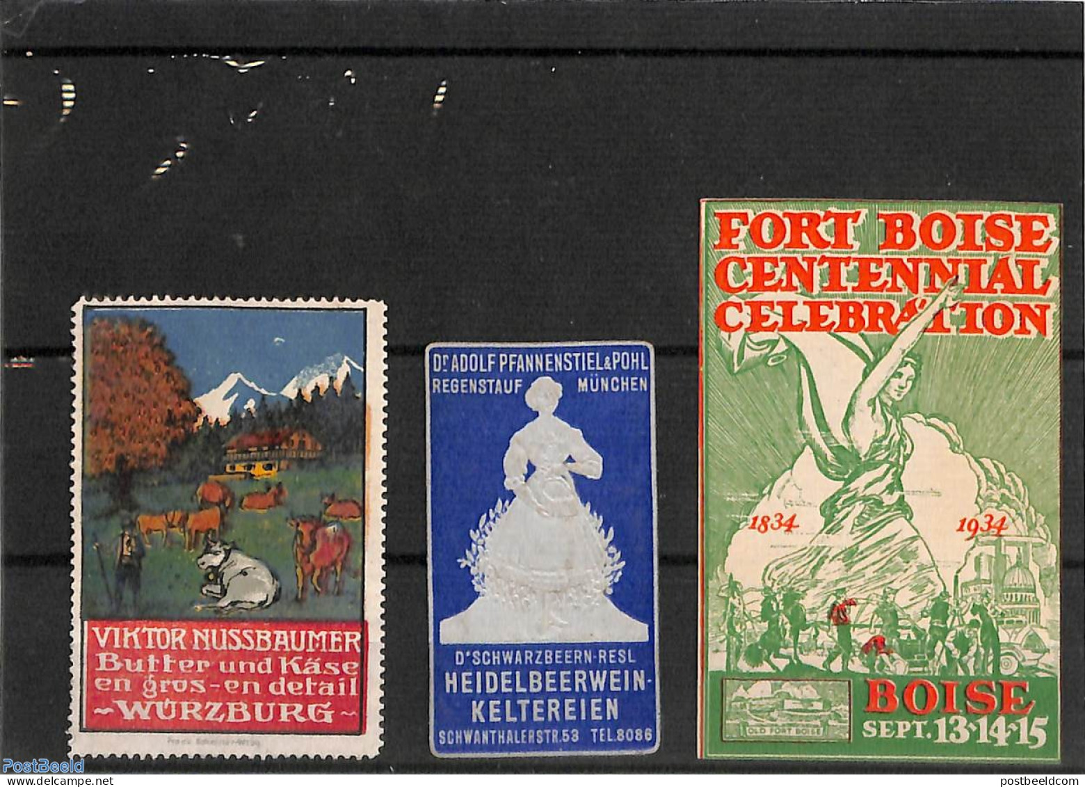 *Advertising Seals 1934 Lot W1th 3 Seals, Unused (hinged), Health - Nature - Food & Drink - Cattle - Wine & Winery - Ernährung