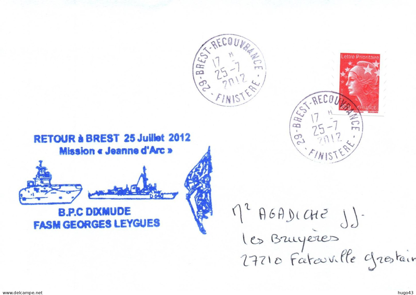 ENVELOPPE AVEC CACHET BPC DIXMUDE - RETOUR A BREST LE 25 JUILLET 2012 - MISSION JEANNE D' ARC - FASM GEORGES LEYGUES - Seepost