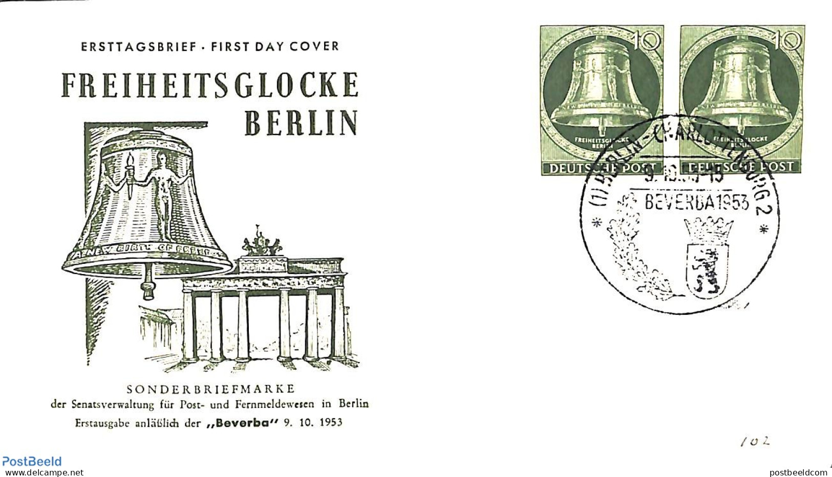 Germany, Berlin 1953 Freedom Bell FDC 10pf, First Day Cover - Autres & Non Classés