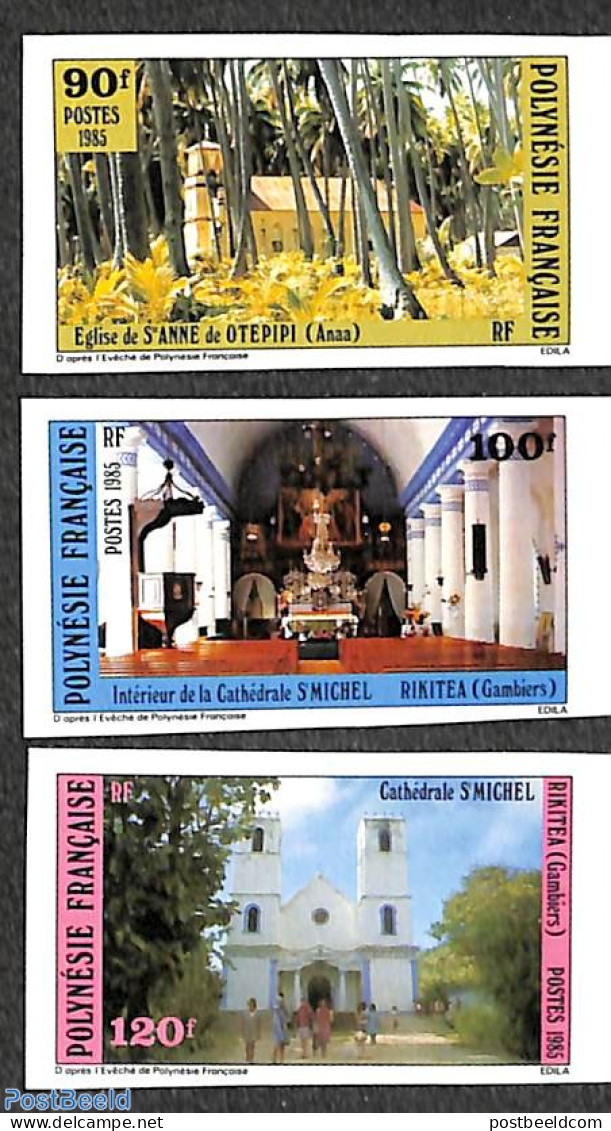 French Polynesia 1985 Churches 3v, Imperforated, Mint NH, Religion - Churches, Temples, Mosques, Synagogues - Ongebruikt
