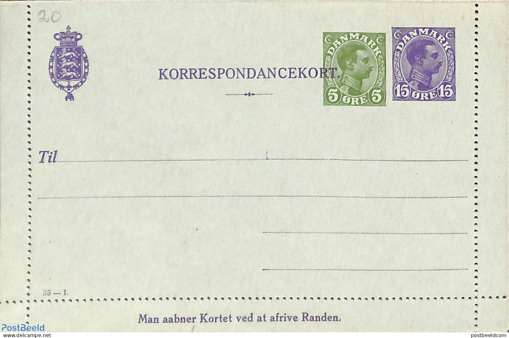 Denmark 1920 Card Letter 5o+15o, 33-I, Unused Postal Stationary - Covers & Documents