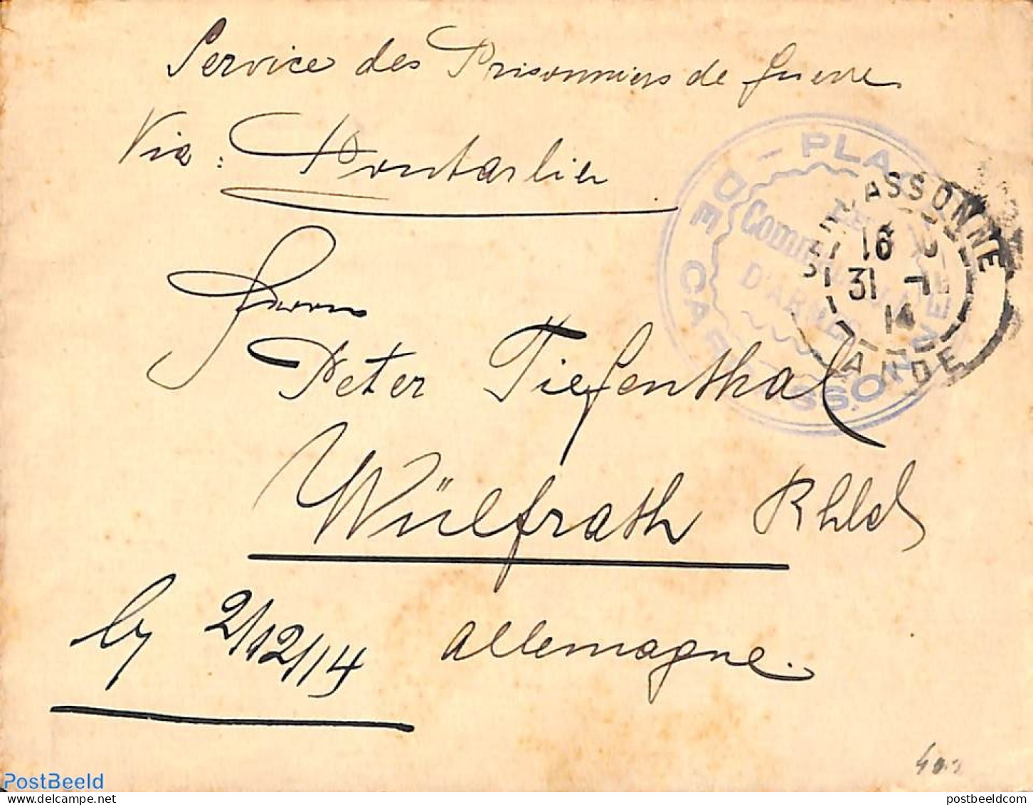 France 1914 War Prisoners PLACE DE CARCASSONNE To Germany, Postal History, History - World War I - Cartas & Documentos