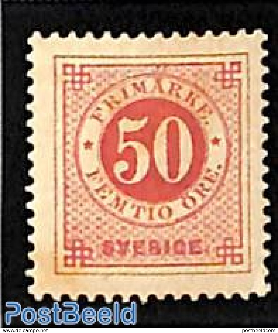 Sweden 1877 50o, Perf. 13, Unused, Unused (hinged) - Ongebruikt