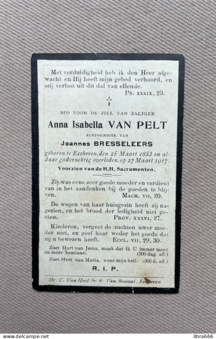 VAN PELT Anna Isabella °EKEREN 1853 +EKEREN 1917 - BRESSELEERS - Obituary Notices