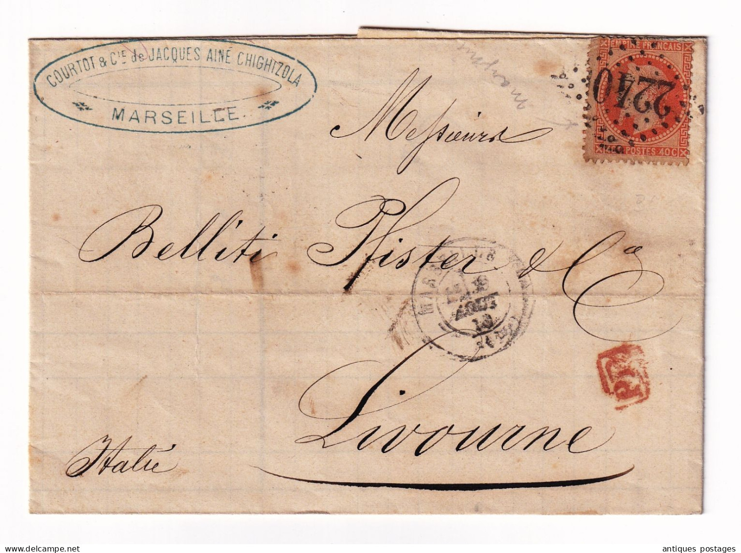 Lettre Marseille Bouches Du Rhône Courtot Jacques Aîné Chighizola Et Cie Livorno Livourne Italia Belliti Pfister & Cie - 1863-1870 Napoléon III Lauré