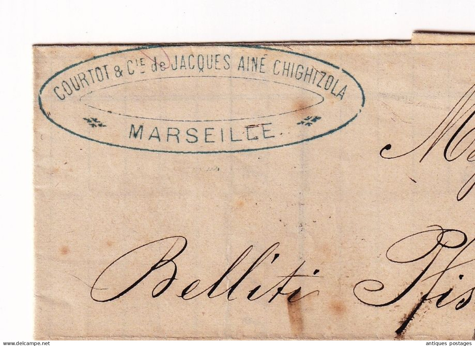 Lettre Marseille Bouches Du Rhône Courtot Jacques Aîné Chighizola Et Cie Livorno Livourne Italia Belliti Pfister & Cie - 1863-1870 Napoleon III Gelauwerd