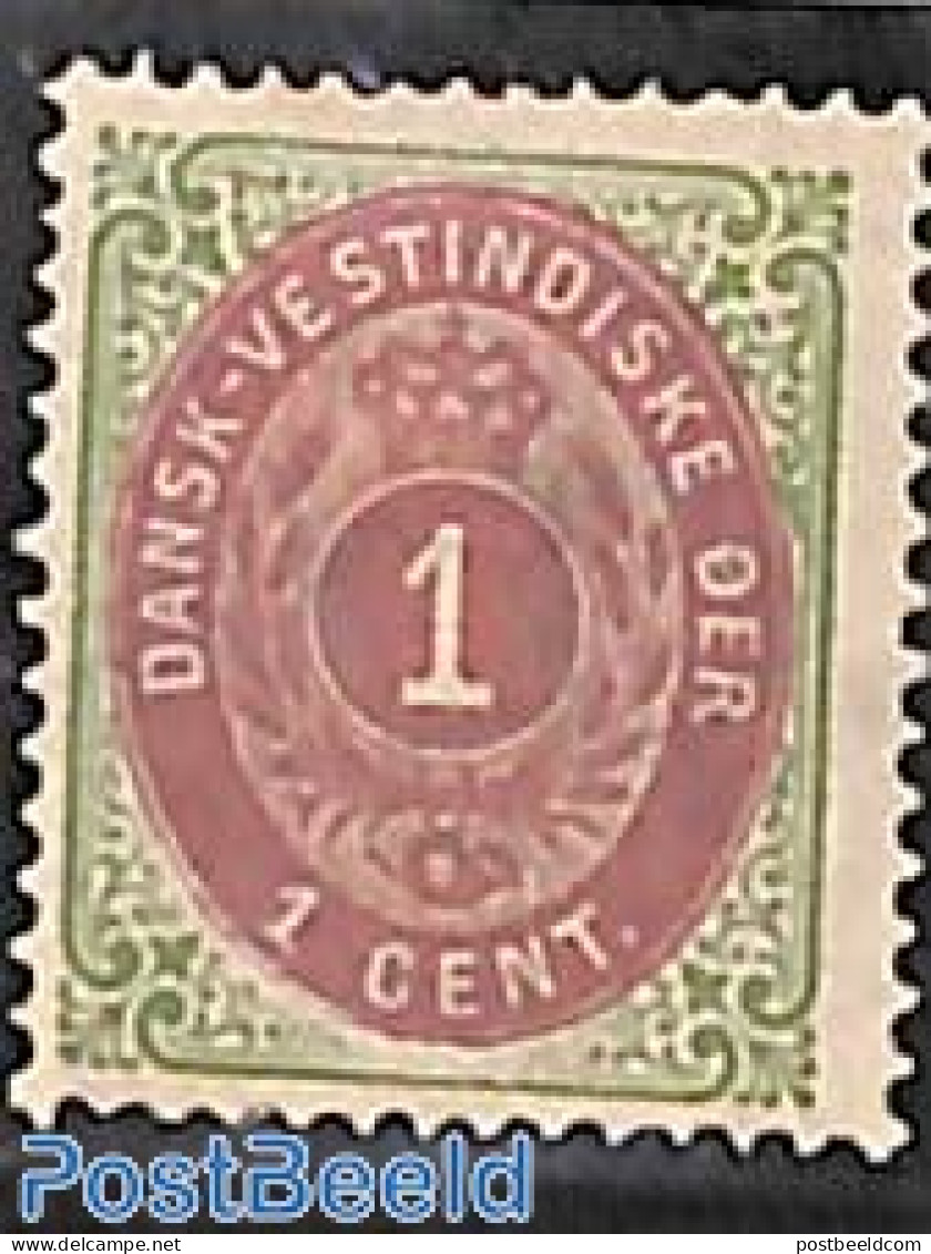 Danish West Indies 1873 1c, Perf. 14:13.5, Green/purplelila, Unused (hinged) - Denmark (West Indies)