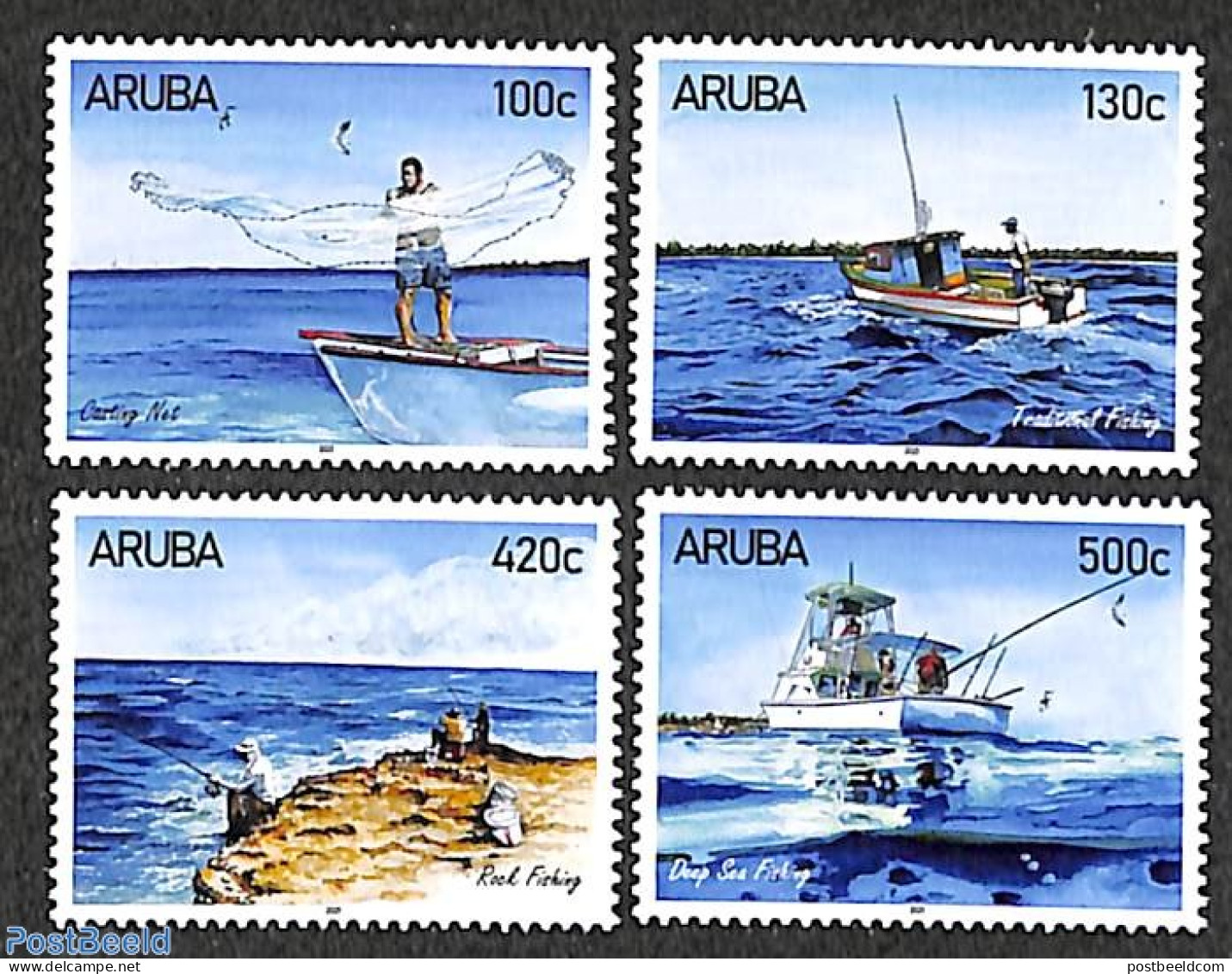 Aruba 2021 Fishing 4v, Mint NH, Nature - Transport - Fishing - Ships And Boats - Fische