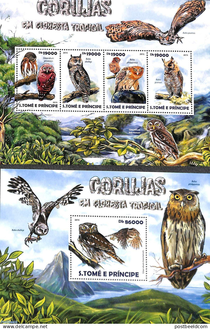 Sao Tome/Principe 2015 Owls 2 S/s, Mint NH, Nature - Birds - Birds Of Prey - Owls - Sao Tomé Y Príncipe