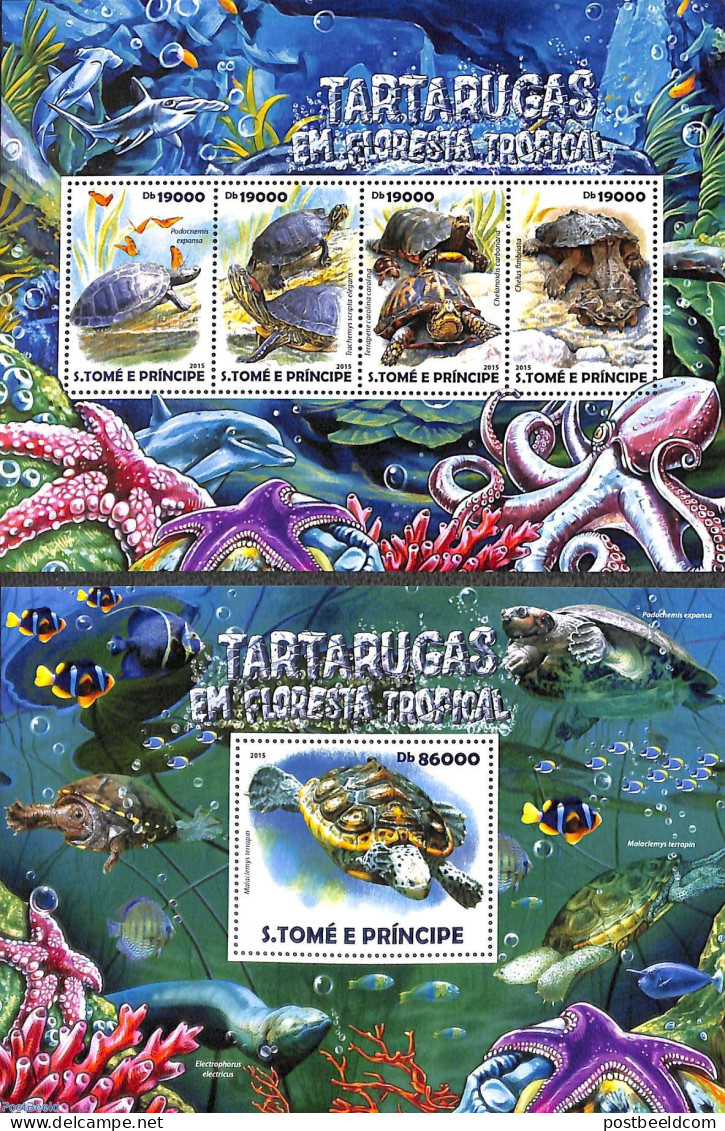 Sao Tome/Principe 2015 Turtles 2 S/s, Mint NH, Nature - Reptiles - Turtles - Sao Tome Et Principe