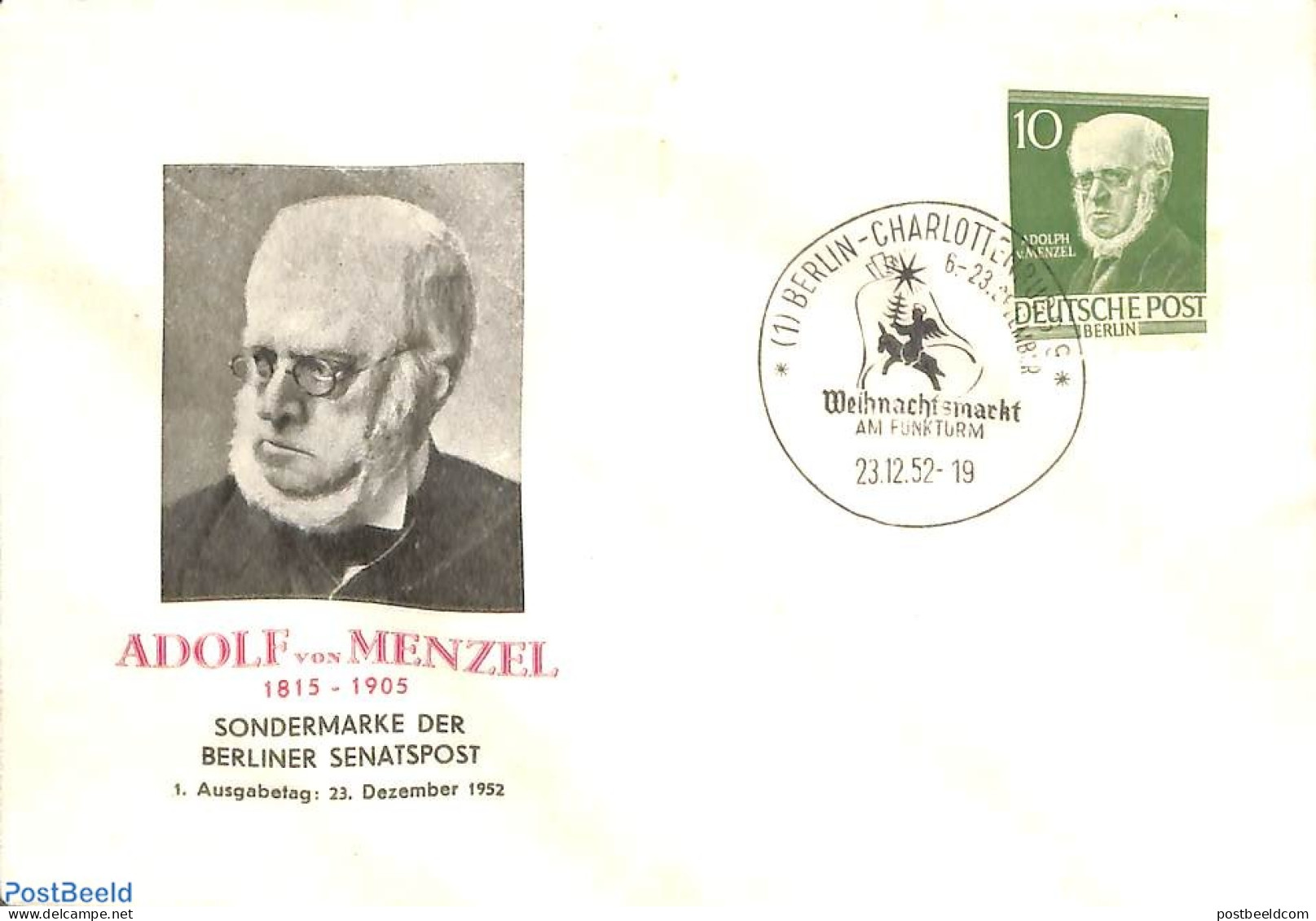 Germany, Berlin 1952 Adolph Von Menzel 1v, FDC, First Day Cover, Art - Self Portraits - Andere & Zonder Classificatie