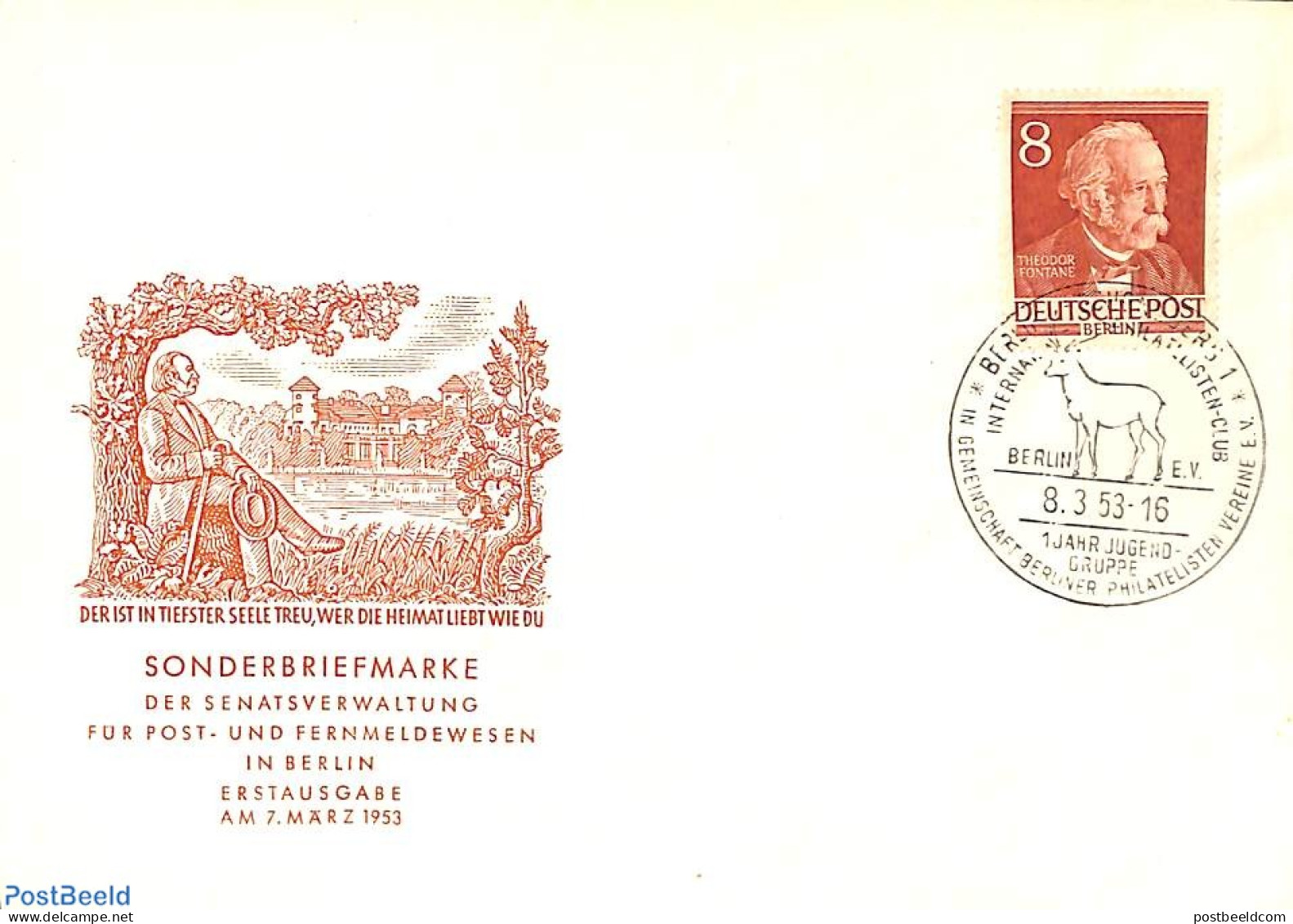 Germany, Berlin 1953 Theodor Fontane 1v, FDC, First Day Cover, Nature - Deer - Art - Authors - Altri & Non Classificati
