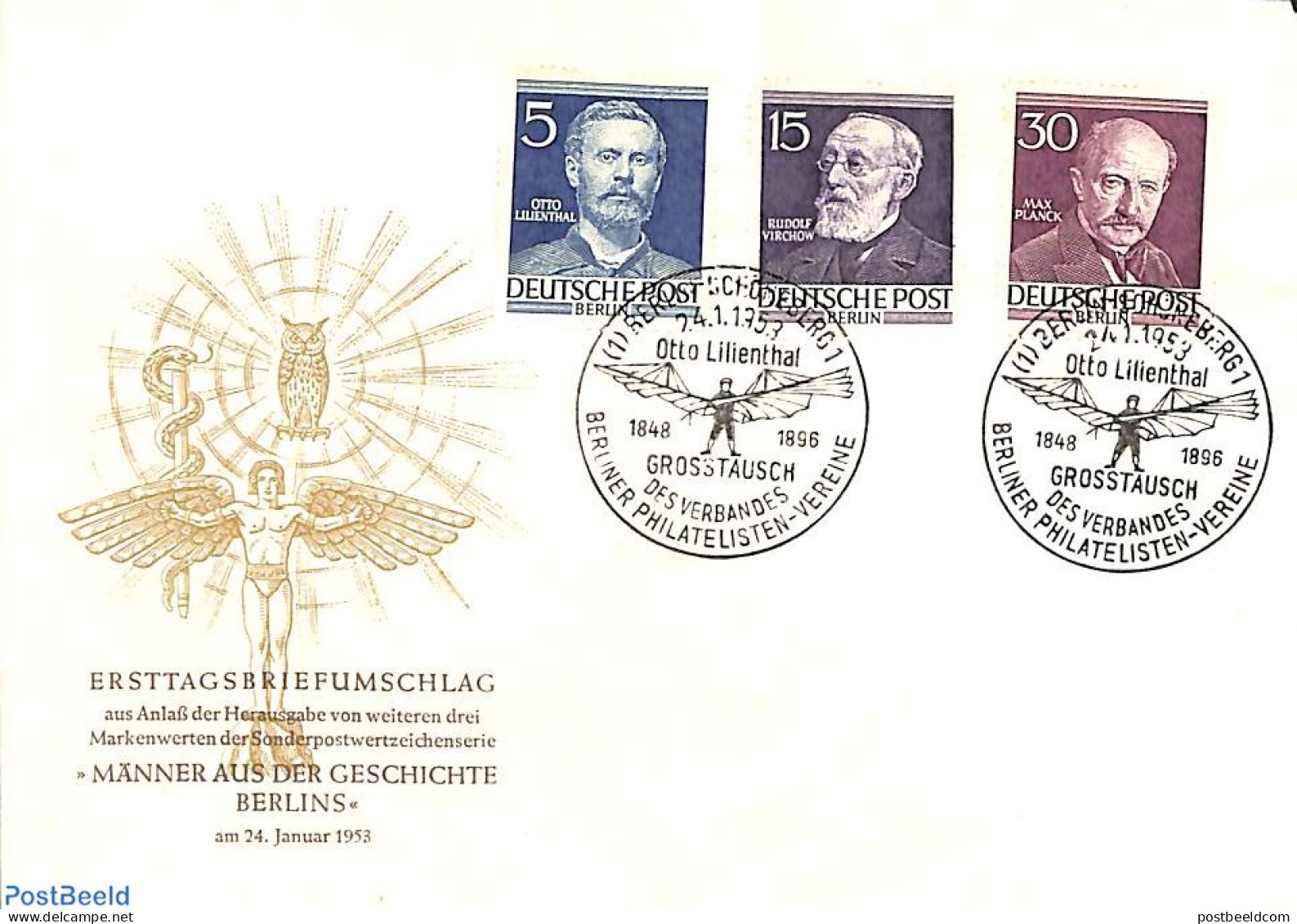 Germany, Berlin 1953 Famous Persons 3v, FDC, First Day Cover, History - Transport - Nobel Prize Winners - Aircraft & A.. - Altri & Non Classificati