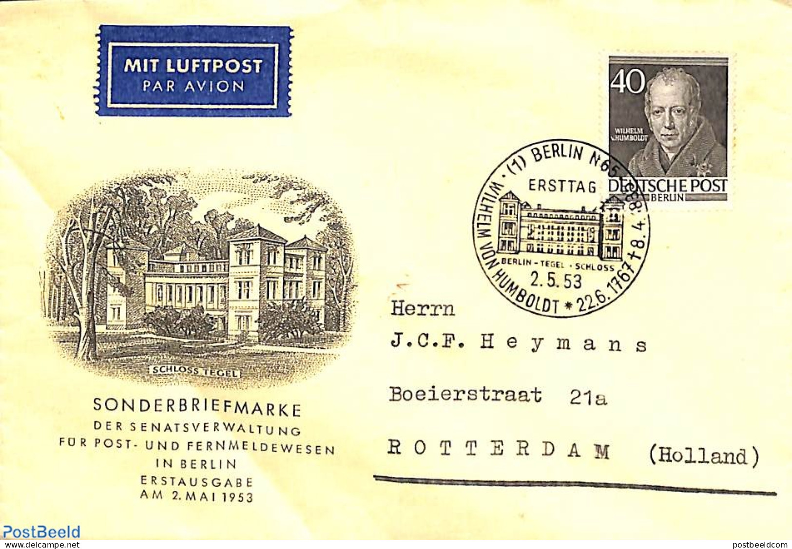 Germany, Berlin 1953 W. V. Humbolft 1v, FDC, First Day Cover, History - Politicians - Andere & Zonder Classificatie