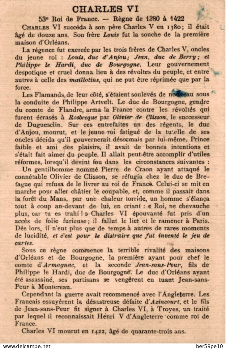 CHROMO LES ROIS DE FRANCE 53è ROI DE FRANCE CHARLES VI REGNE DE 1380 A 1422 - Other & Unclassified