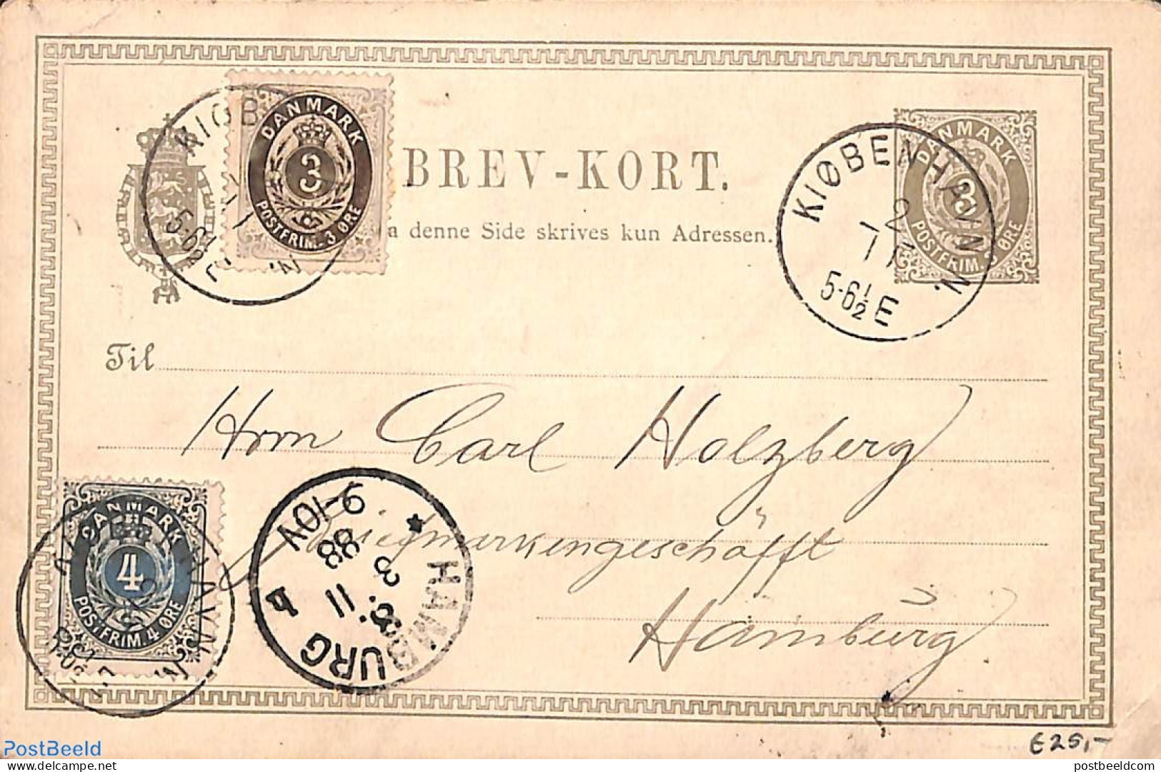 Denmark 1888 Postcard, Uprated To Hamburg, Used Postal Stationary - Cartas & Documentos