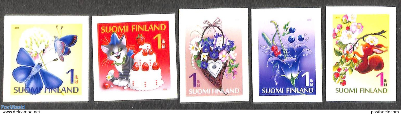 Finland 2014 Greeting Stamps 5v S-a, Mint NH, Nature - Various - Butterflies - Cats - Flowers & Plants - Greetings & W.. - Unused Stamps