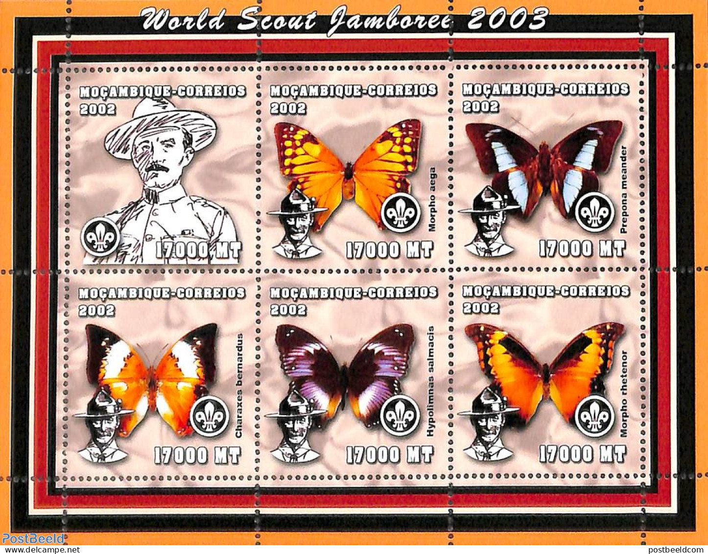 Mozambique 2002 Scouting, Butterflies 6v Ms, Mint NH, Nature - Sport - Butterflies - Scouting - Mozambique