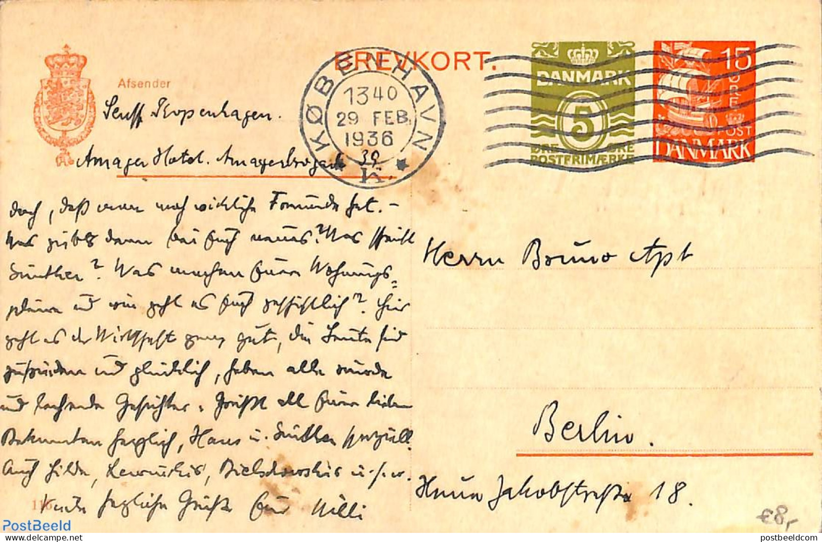 Denmark 1936 Postcard 5+15o, Used, Used Postal Stationary - Briefe U. Dokumente