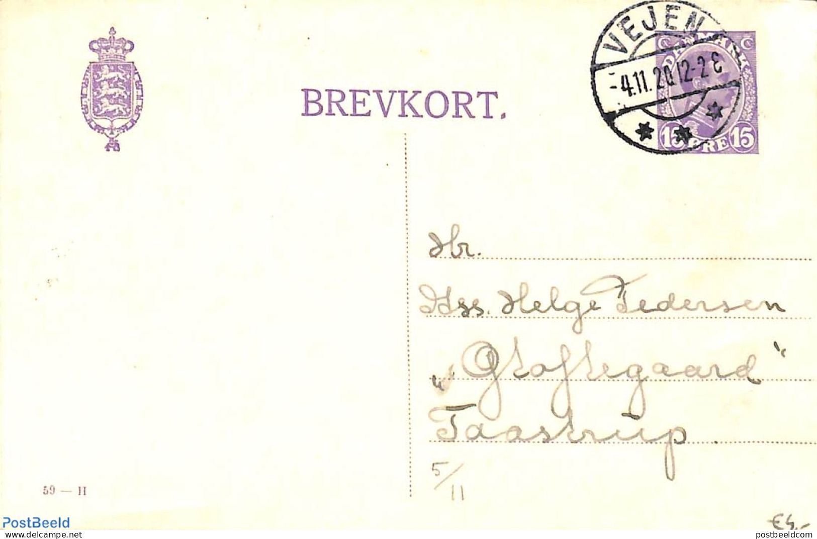 Denmark 1920 Postcard 15o, Used From VEJEN, Used Postal Stationary - Briefe U. Dokumente