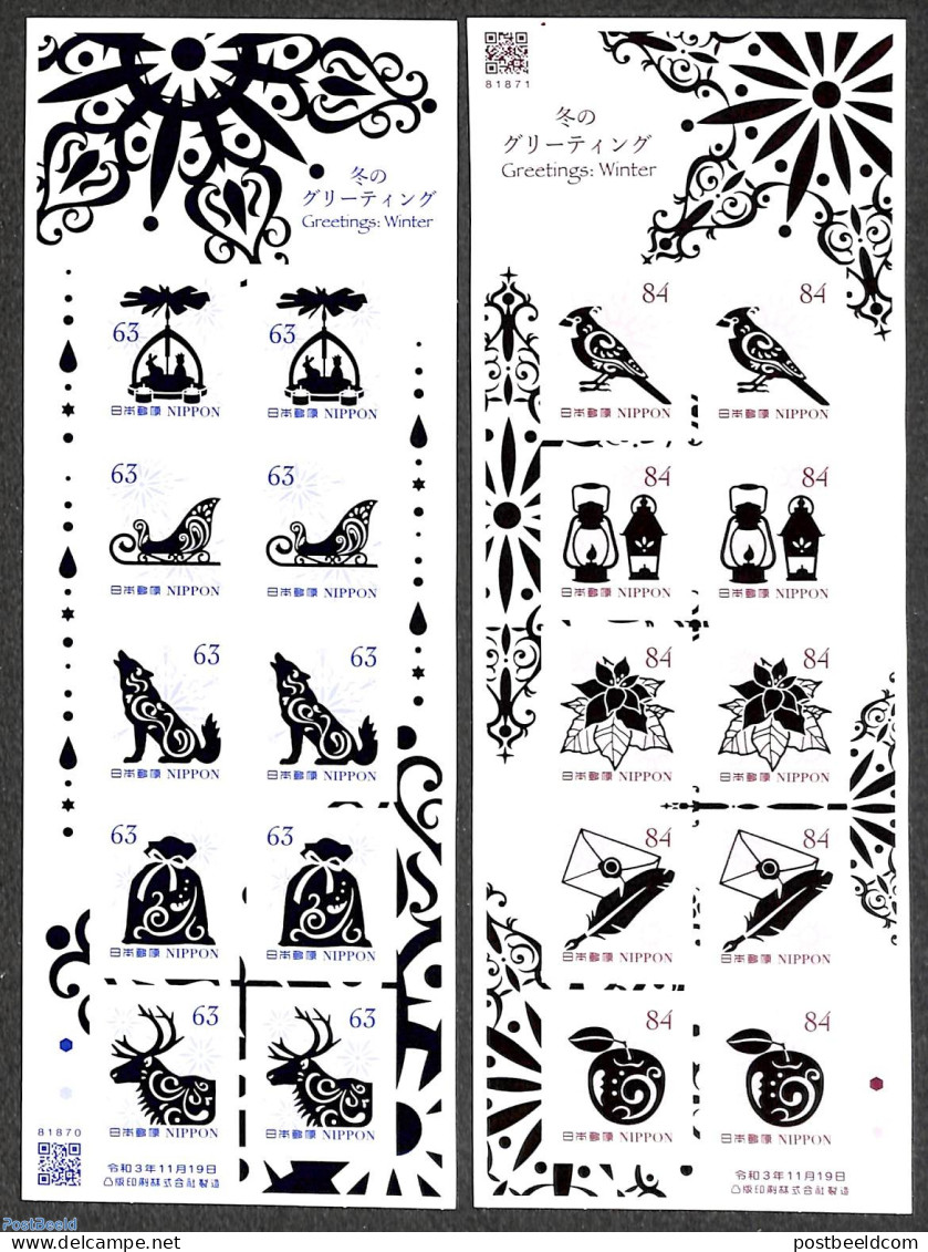 Japan 2021 Winter Greetings 2 M/s, Mint NH, Nature - Birds - Dogs - Nuovi