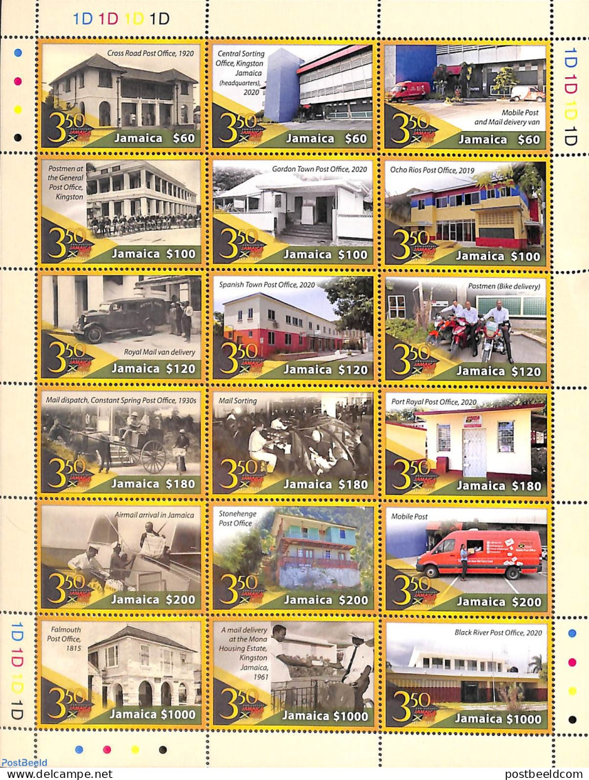 Jamaica 2021 350 Years Postal Service 18v M/s, Mint NH, Nature - Transport - Horses - Post - Automobiles - Motorcycles.. - Poste