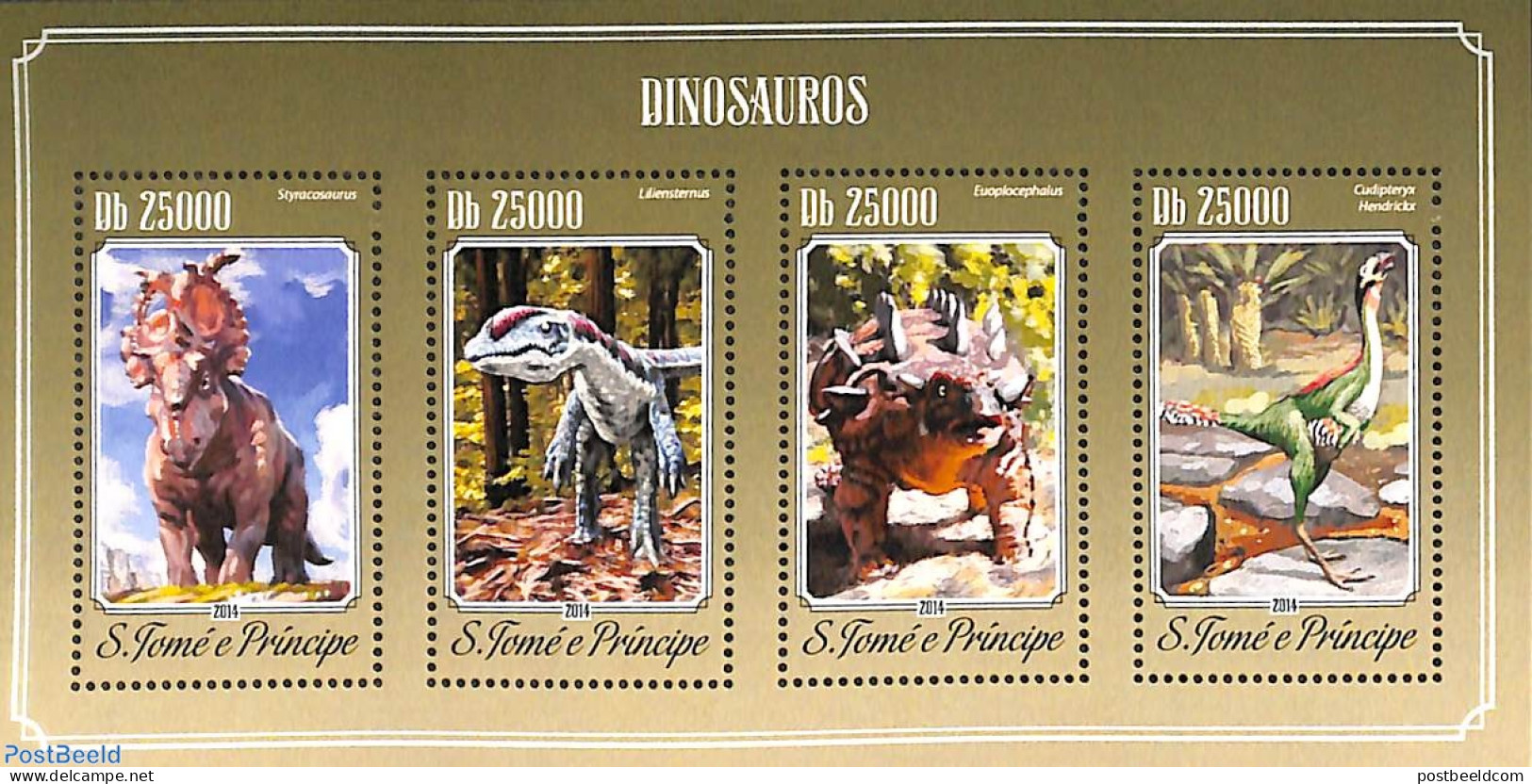 Sao Tome/Principe 2014 Dinosaurs 4v M/s, Mint NH, Nature - Prehistoric Animals - Préhistoriques