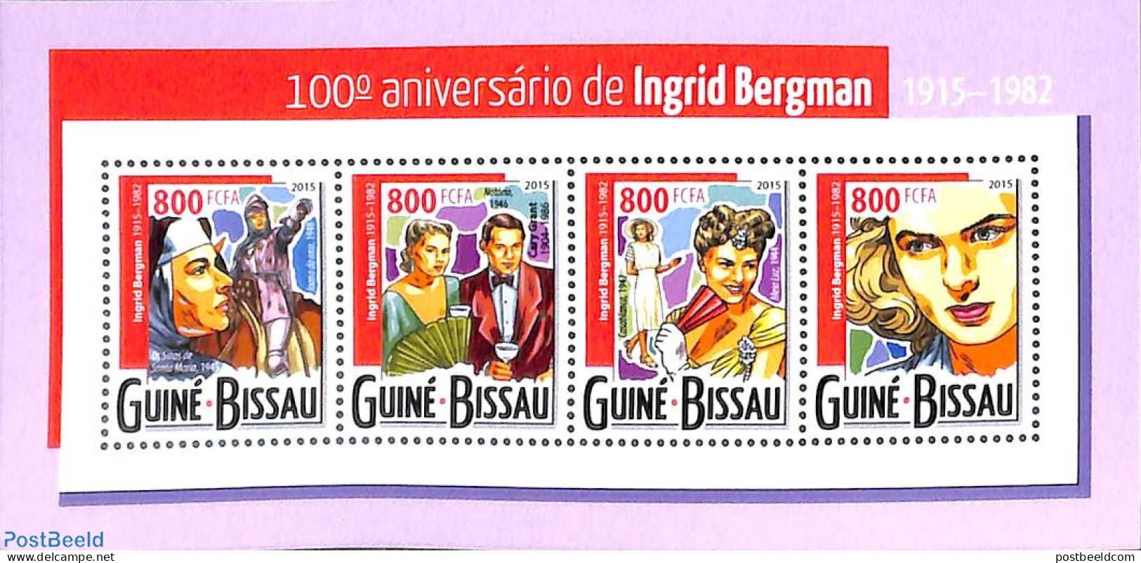 Guinea Bissau 2015 Ingrid Bergman 4v M/s, Mint NH, Performance Art - Movie Stars - Art - Fans - Acteurs