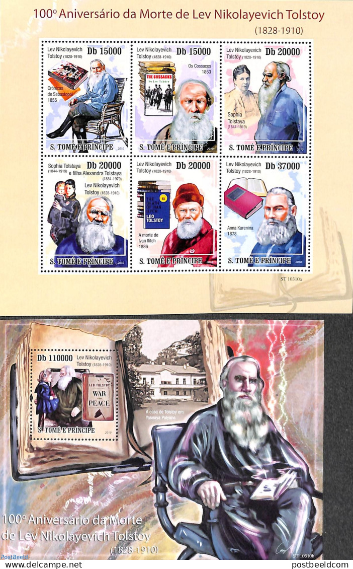 Sao Tome/Principe 2010 Leo Tolstoy 2 S/s, Mint NH, Art - Authors - Books - Writers