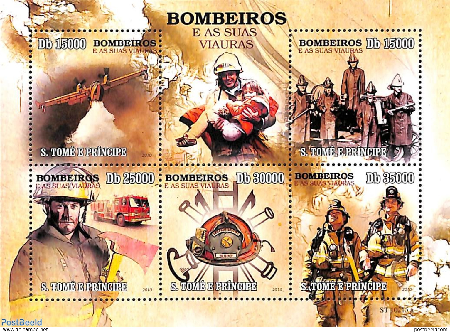 Sao Tome/Principe 2010 Fire Fighters 5v M/s, Mint NH, Transport - Fire Fighters & Prevention - Aircraft & Aviation - Sapeurs-Pompiers