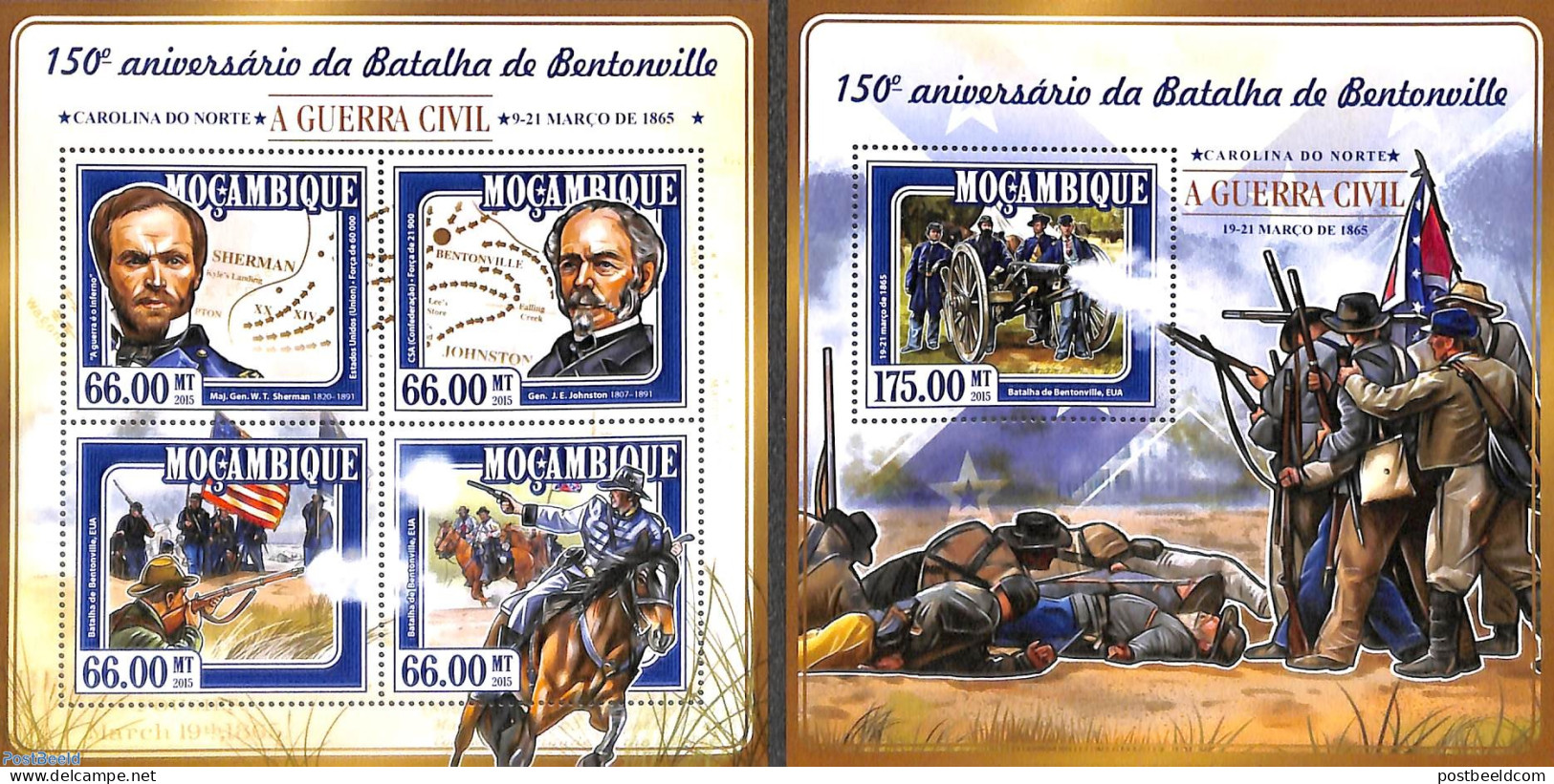 Mozambique 2015 Bentonville Battle 2 S/s, Mint NH, History - Nature - Militarism - Horses - Militaria