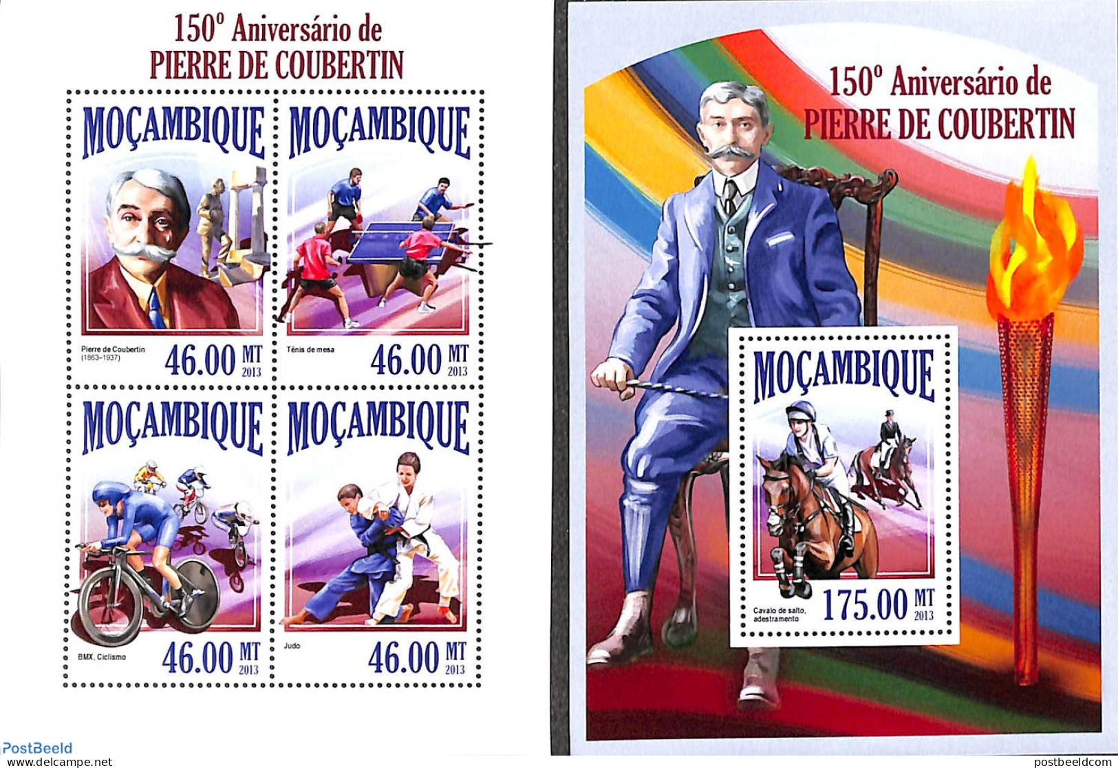 Mozambique 2013 Pierre De Coubertin 2 S/s, Mint NH, Nature - Sport - Horses - Cycling - Judo - Olympic Games - Table T.. - Radsport