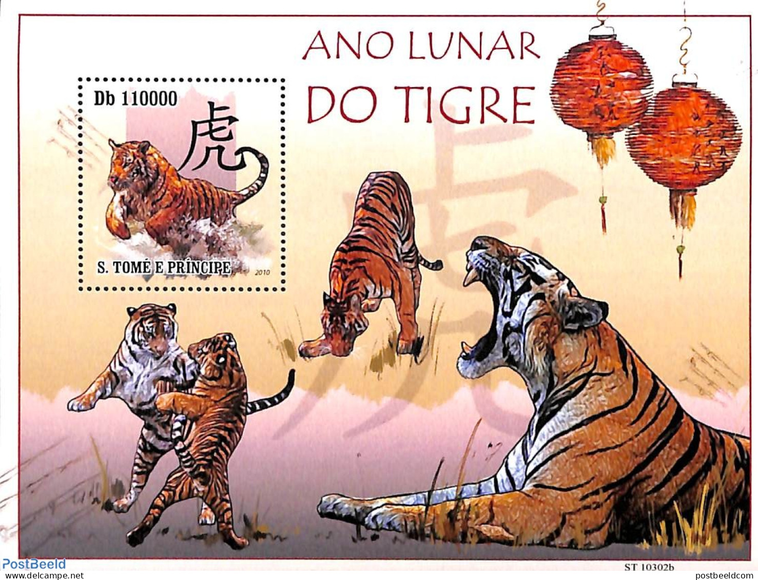 Sao Tome/Principe 2010 Year Of The Tiger S/s, Mint NH, Nature - Various - Cat Family - New Year - Nouvel An