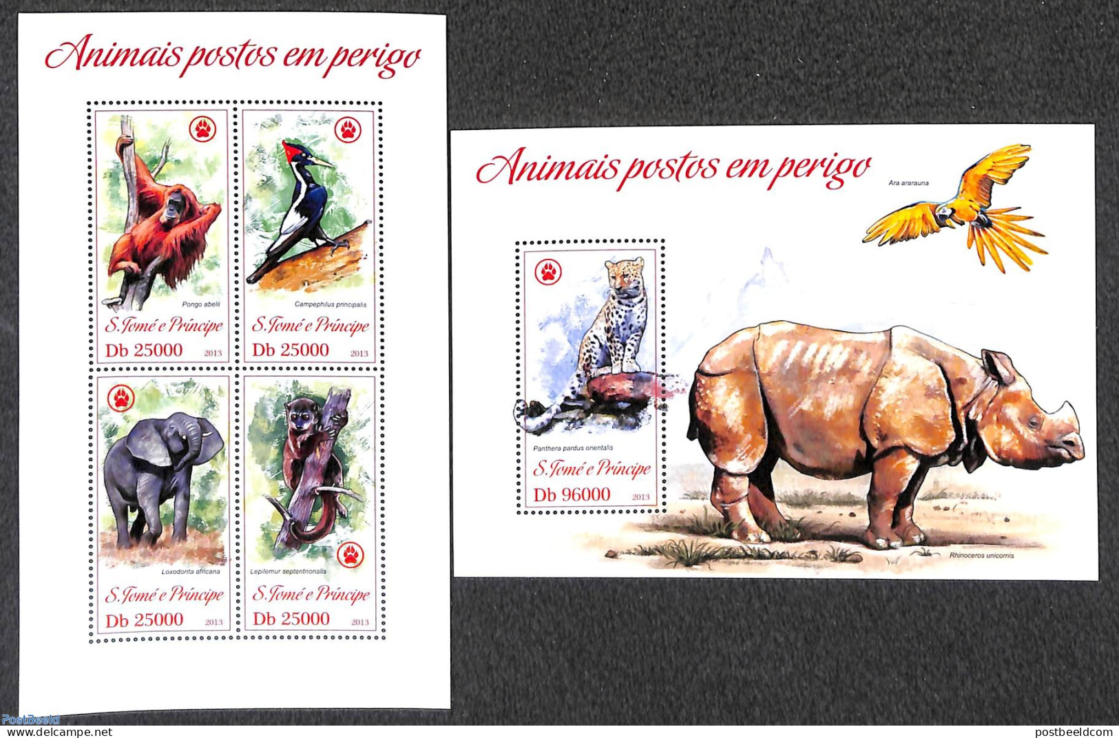 Sao Tome/Principe 2013 Endangered Animals 2 S/s, Mint NH, Nature - Birds - Cat Family - Elephants - Monkeys - Parrots .. - Sao Tomé Y Príncipe