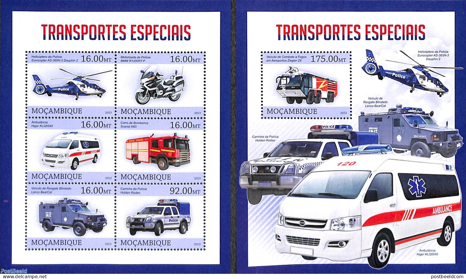 Mozambique 2013 Special Transport 2 S/s, Mint NH, Transport - Various - Automobiles - Fire Fighters & Prevention - Hel.. - Autos